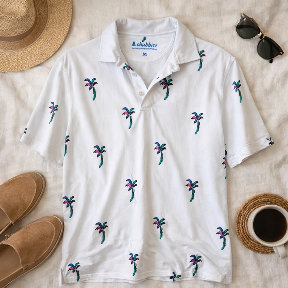 Chubbies Palm Tree Print Performance Polo Shirt Size M White